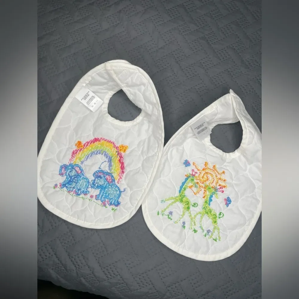 White Baby Bib Set with Embroidered Elephants and Giraffes